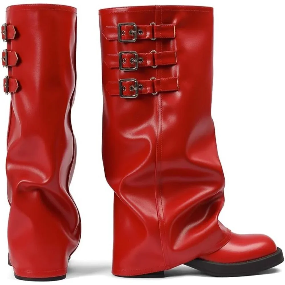 Women's Red Fall Slouchy Fold Over Tall Boots Motorcycle Zipper Fashion Buckle